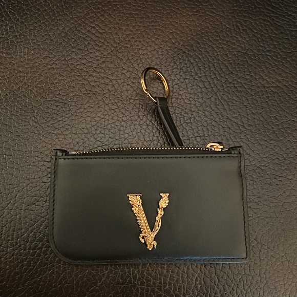 Versace unisex zip up keychain Virtus logo leather card holder wallet NWB - Picture 6 of 8